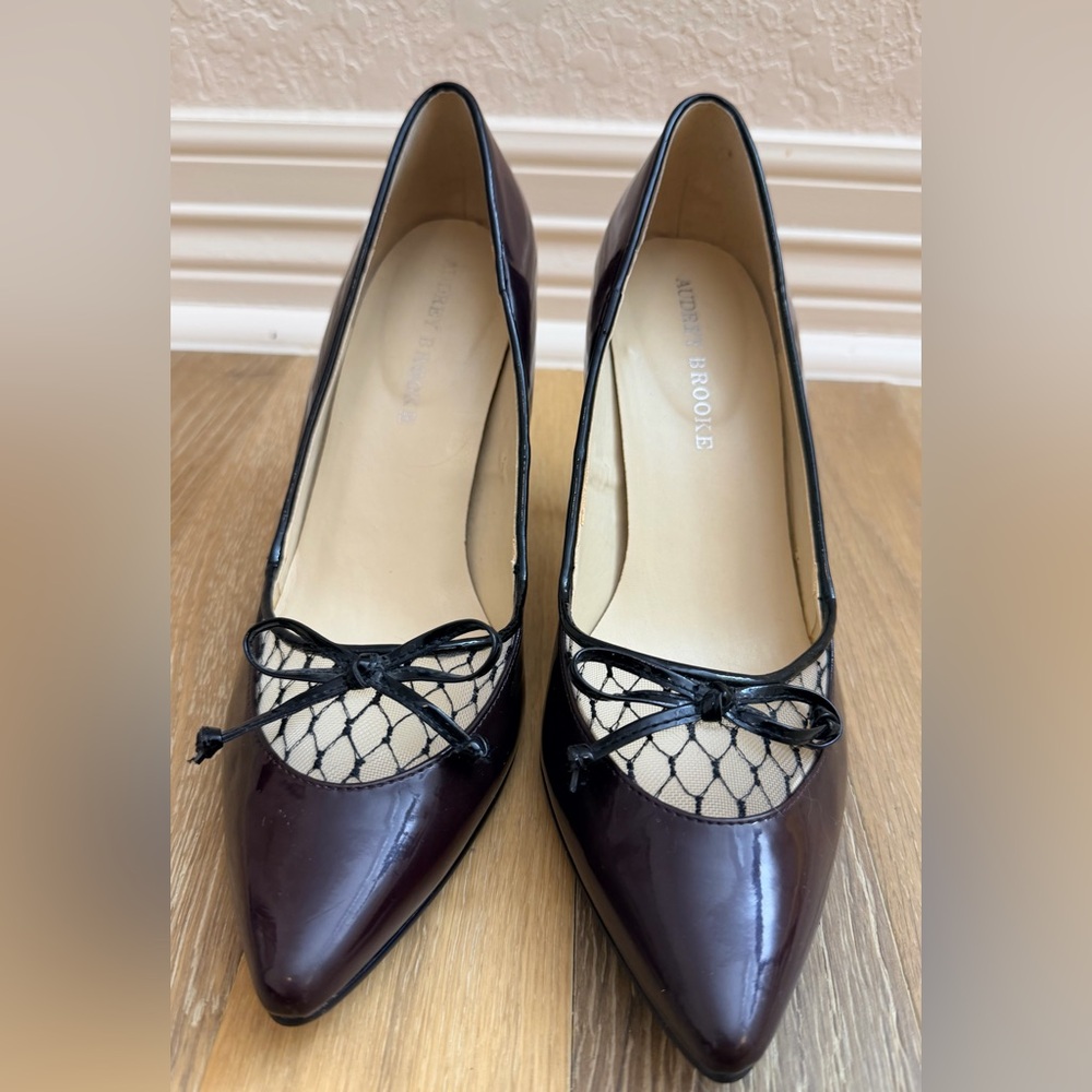 Audrey Brooke Women’s Burgundy Patent Leather Heel with Black Lace & Bow Detail